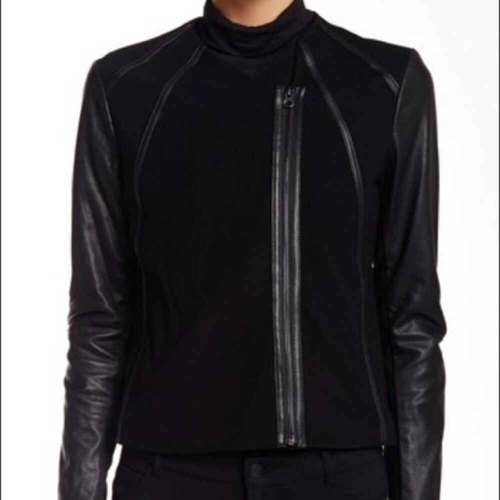 Vince Black Mixed Media Leather & Ponte Moto Jacket Size M